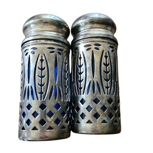 Vintage Cobalt Blue Glass Salt & Pepper Shakers encased in Silver Plated Holders
